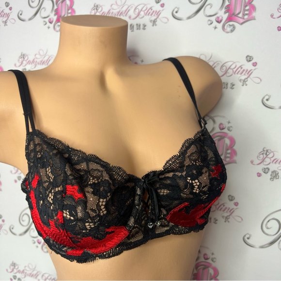 Victoriaβs Secret bra diamonds red black lace bling tie shimmer shiny y2k β€οΈππ - Picture 8 of 12